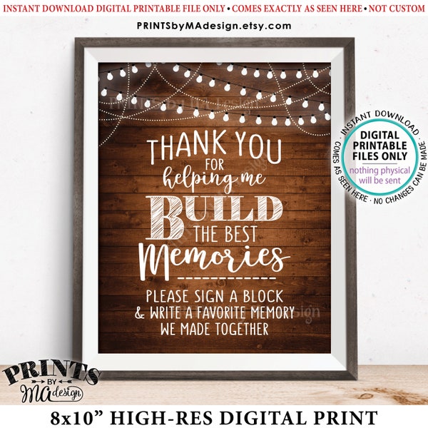 Sign a Block Sign, Thank You for Helping Me Build Memories, Graduation, Retirement, Jenga,  8x10" PRINTABLE Rustic Wood Style Sign <ID>