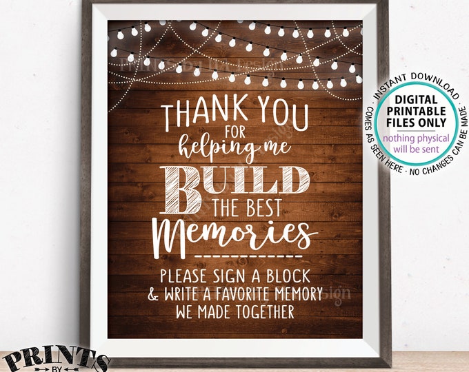 Sign a Block Sign, Thank You for Helping Me Build Memories, Graduation, Retirement, Jenga,  8x10" PRINTABLE Rustic Wood Style Sign <ID>