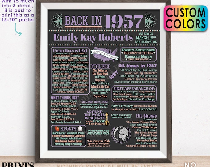 Back in 1957 Birthday Poster Board, Flashback to 1957 Birthday Decoration, B-day Gift, Custom PRINTABLE 16x20” 1957 Sign