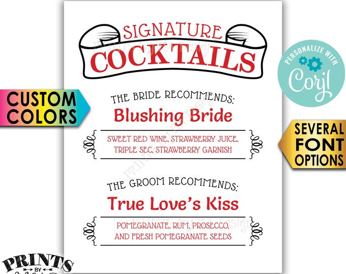 Signature Cocktails Sign, Bride & Groom Recommend, Custom PRINTABLE 8x10/16x20” Wedding Drinks Sign <Edit Yourself w/Corjl>