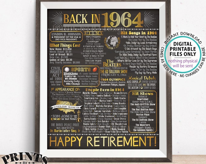 Retirement Party Decorations, Back in 1964 Poster, Flashback to 1964 Retirement Party Decor, Chalkboard Style PRINTABLE 16x20” Sign <ID>