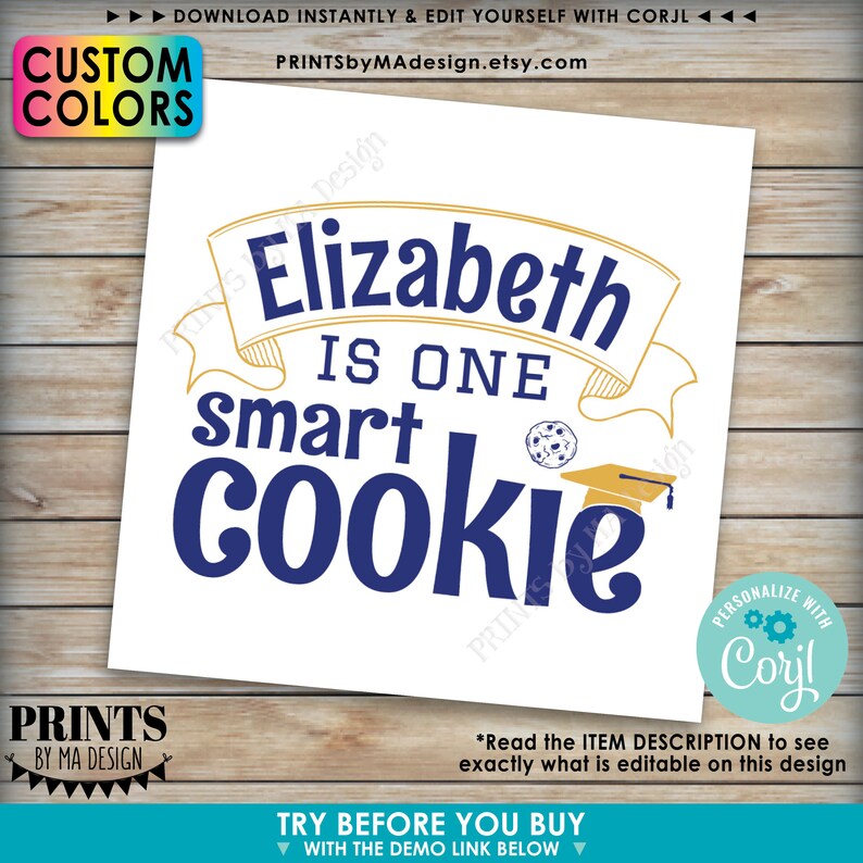 One Smart Cookie Tags/Cards/Labels, Graduation Party Favors, Custom 2" Squares on a 8.5x11" Digital PRINTABLE File <Edit Yourself w/Corjl> image 4