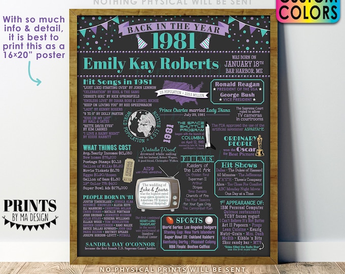 Back in the Year 1981 Birthday Sign, Flashback to 1981 Poster Board, 1981 Birthday Gift, Custom PRINTABLE 16x20” B-day Decoration