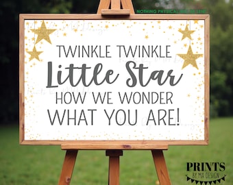 Twinkle Twinkle Little Star Baby Shower Decor, How We Wonder What You Are Gender Reveal, Gray & Gold Glitter PRINTABLE 24x36” Sign <ID>