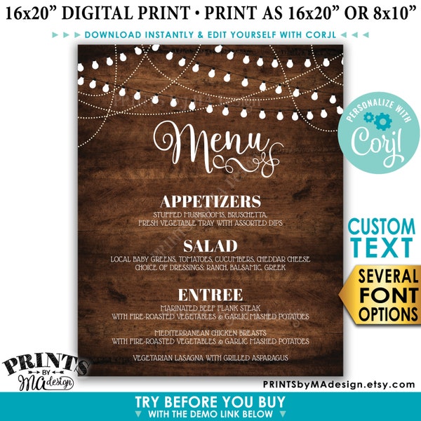 Dinner Menu, Wedding Rehearsal, Graduation Party, Birthday,Custom PRINTABLE 8x10/16x20” Rustic Wood Style Sign <Edit Yourself with Corjl>