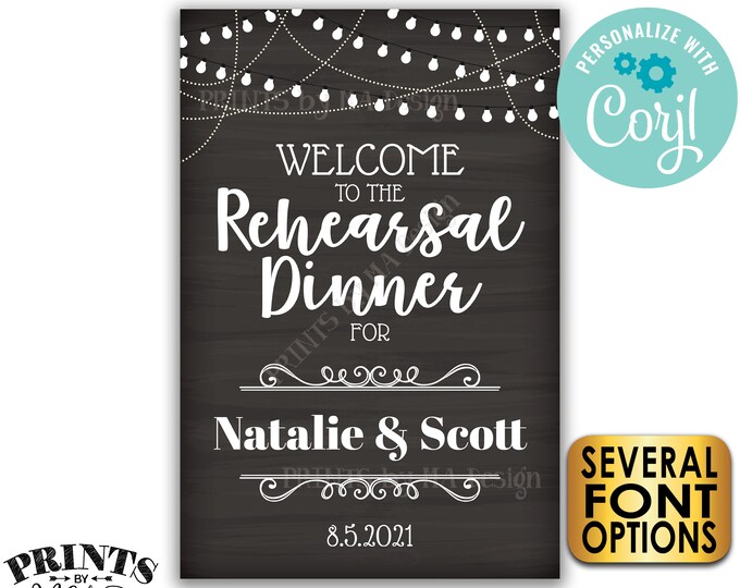 Welcome to the Rehearsal Dinner Sign, Custom PRINTABLE 24x36” Chalkboard Style Rehearsal Decoration with Lights <Edit Yourself with Corjl>