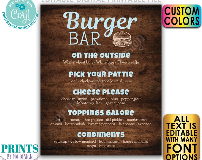 Editable Burger Sign, Custom Burger Bar Menu, Build Yourself a Burger, PRINTABLE 8x10/16x20” Rustic Wood Style Sign <Edit Yourself w/Corjl>