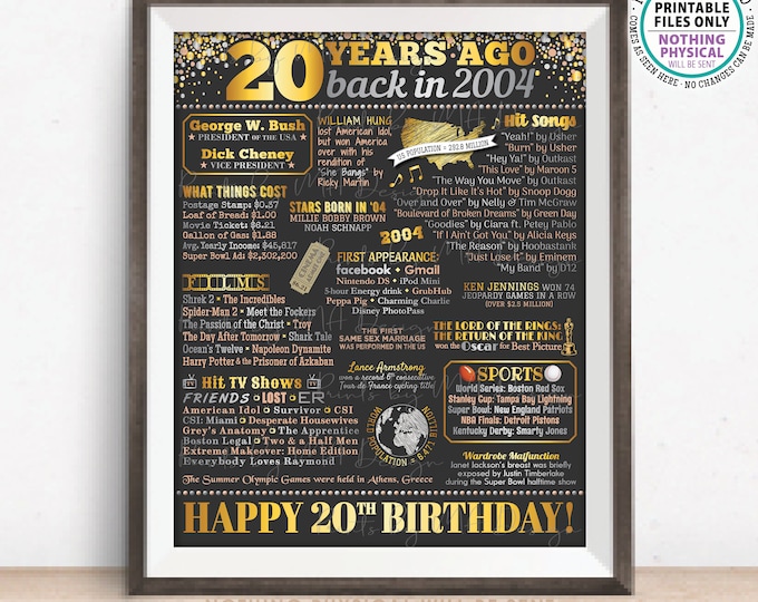 20th Birthday Poster Board, Born in the Year 2004 Flashback 20 Years Ago B-day Gift, PRINTABLE 16x20 ” Back in 2004 Sign <ID>