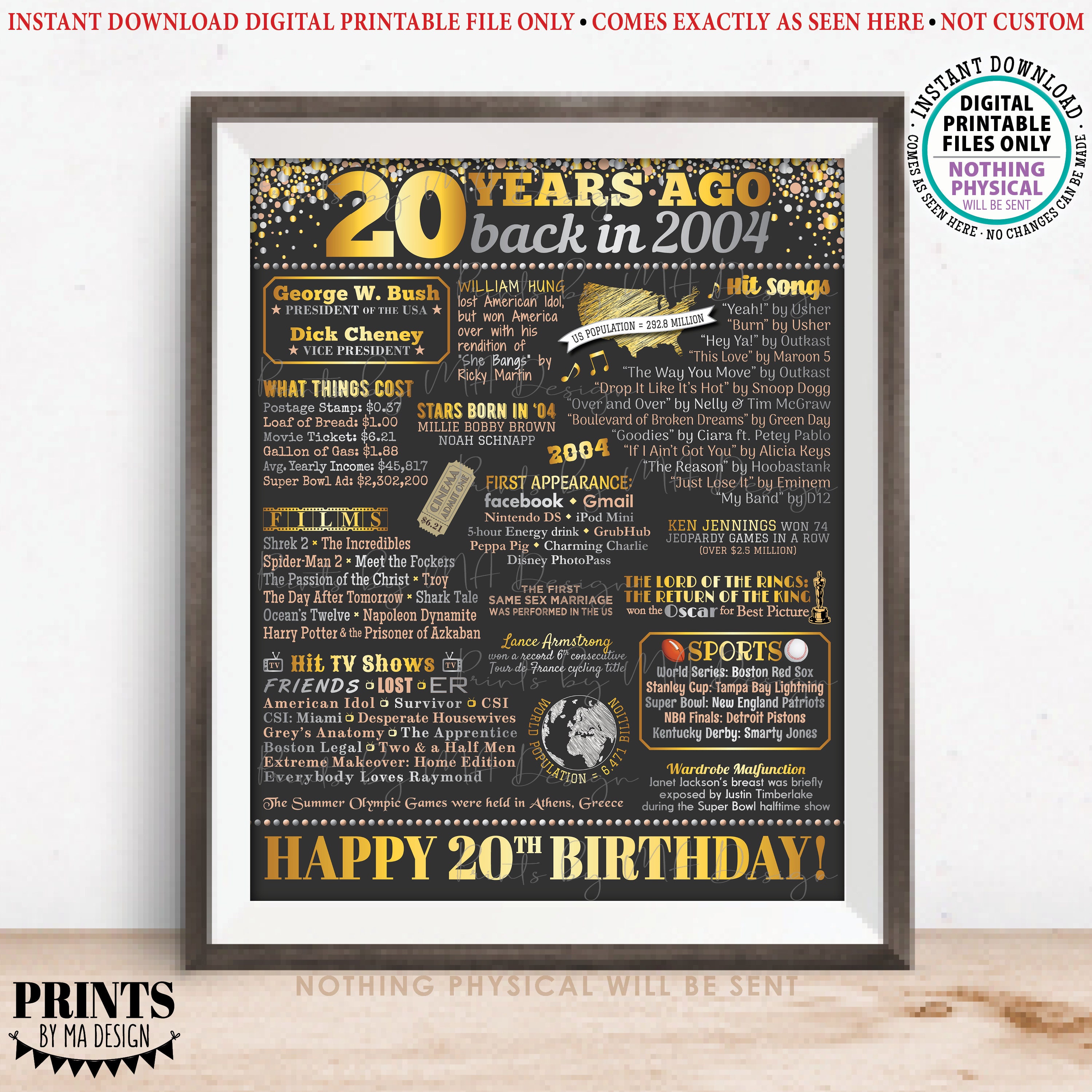 20th Birthday Poster Board, Born in the Year 2004 Flashback 20 