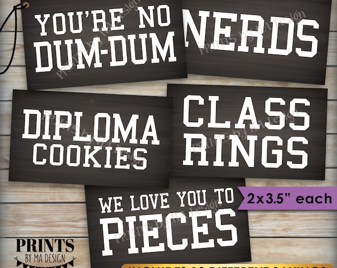 Graduation Party Candy Signs, Candy Bar, Buffet, Smartie Cookie Ring Nerds, 2x3.5" Chalkboard Style Cards on PRINTABLE 8.5x11" Sheet <ID>