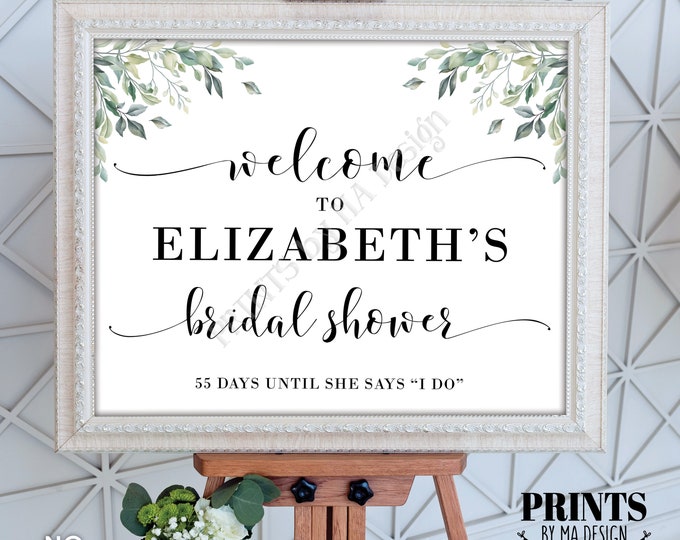 Bridal Shower Welcome Sign, PRINTABLE 16x20” Sign with Script Font, Simple Elegant Custom Greenery Watercolor Leaves Entrance Display