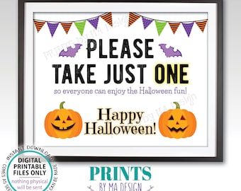 Please Take One Sign, Happy Halloween Sign, Candy, Jack-O-Lantern Pumpkin, PRINTABLE 8.5x11” One Treat Sign, White Background <ID>