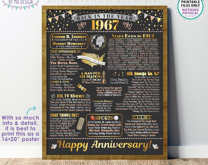 Back in the Year 1967 Anniversary Sign, Flashback to 1967 Anniversary Decor, Anniversary Gift, PRINTABLE 16x20” Poster Board <ID>