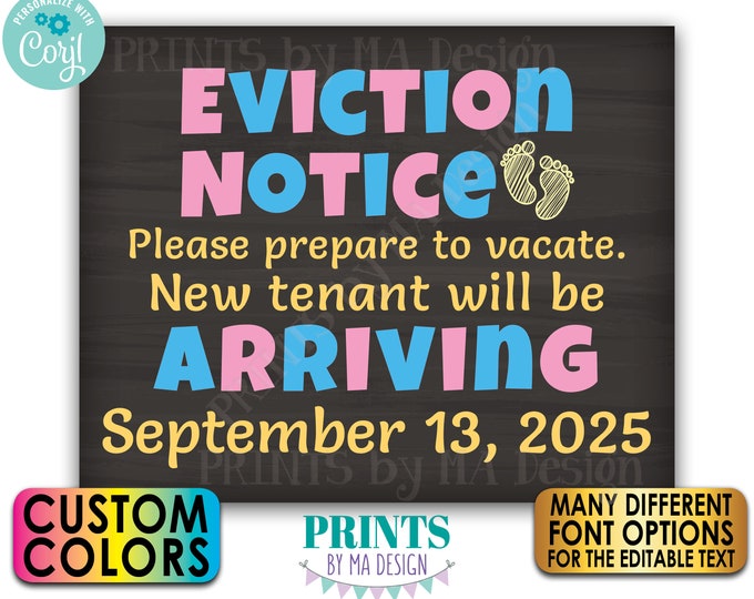 Eviction Notice Pregnancy Announcement, Baby #2 Sign, Prepare to Vacate for New Sibling, PRINTABLE 8x10/16x20” Sign <Edit Yourself w/Corjl>