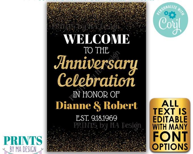 Anniversary Celebration Welcome Sign, Wedding Anniversary Gift, PRINTABLE 24x36” Black & Gold Glitter Decor <Edit Yourself with Corjl>