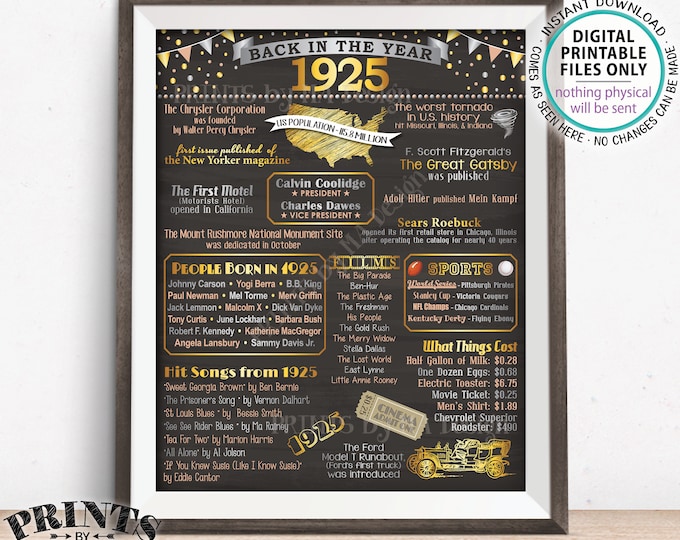 1925 Flashback Poster, Flashback to 1925 USA History Back in 1925 Birthday Party Decoration, Born in 1925, PRINTABLE 16x20” Sign <ID>