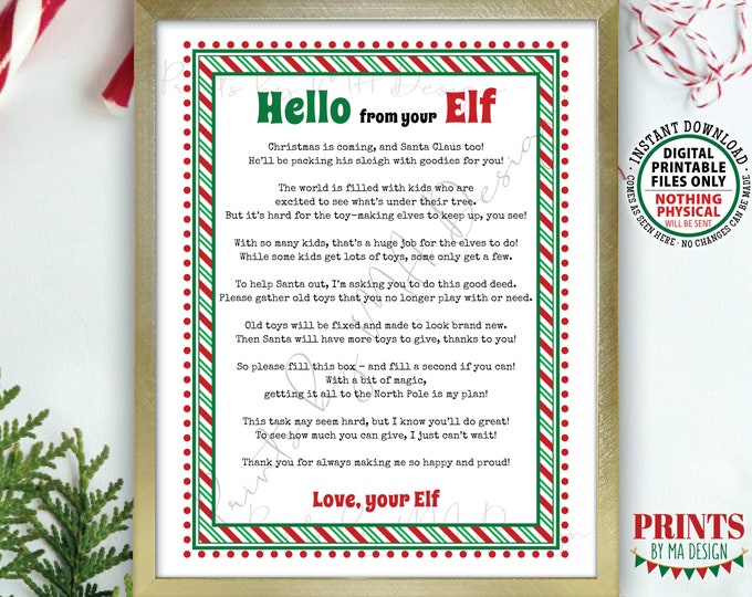 Christmas Elf Donation Request, Letter asking to Donate Toys, Good Deed Challenge, PRINTABLE 8.5x11” Elf Letter to Kids from their Elf <ID>