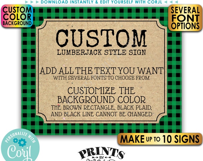 Custom Lumberjack Signs, Choose Your Text, Ten PRINTABLE 8x10/16x20” Lanscape Signs, Custom Color Buffalo Plaid <Edit Yourself with Corjl>