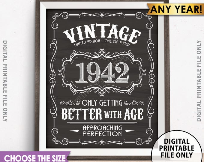 Vintage Birthday Sign, Better with Age Liquor Themed Birthday Party Decor, Custom Year, Choose Size, PRINTABLE Chalkboard Style Digital File