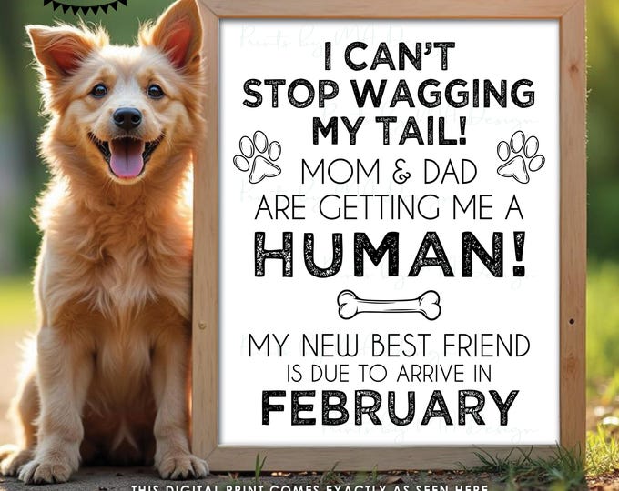 Dog Pregnancy Announcement, Mom & Dad are Getting Me a Human, New Best Friend is Due in FEBRUARY Dated PRINTABLE Baby Reveal Sign <ID>