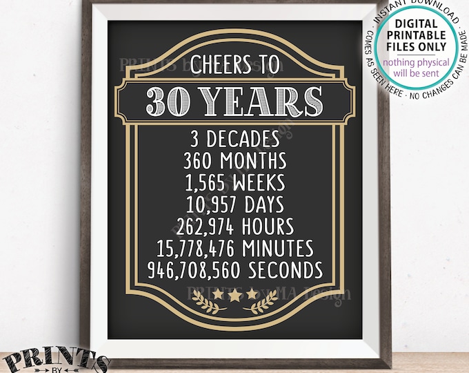 Cheers to 30 Years, 30th Birthday Sign, 30th Anniversary, Cheers & Beers, Beer Party Sign, Retirement Party, PRINTABLE 8x10/16x20” Sign <ID>