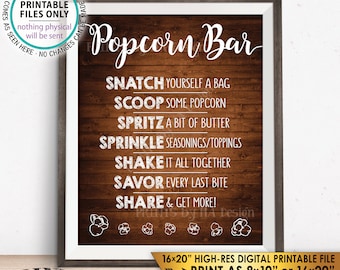 Popcorn Bar Sign, Popcorn Toppings, Popcorn Bar Directions, Wedding, Retirement, Birthday, Rustic Wood Style PRINTABLE 8x10/16x20” Sign <ID>