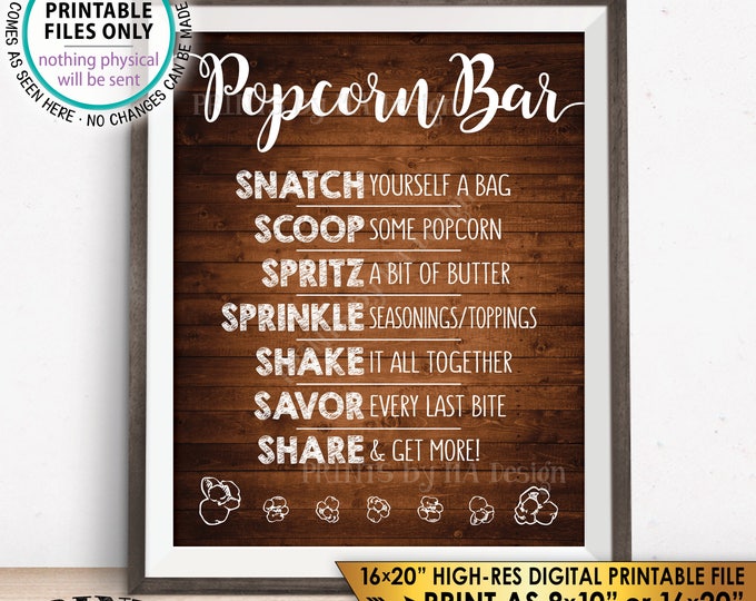 Popcorn Bar Sign, Popcorn Toppings, Popcorn Bar Directions, Wedding, Retirement, Birthday, Rustic Wood Style PRINTABLE 8x10/16x20” Sign <ID>