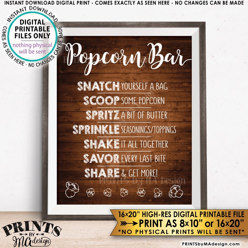 Popcorn Bar Sign Popcorn Toppings Popcorn Bar Directions Etsy