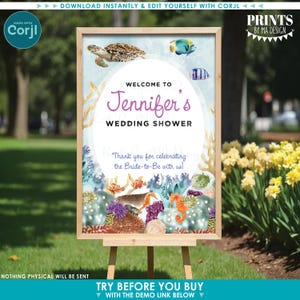 May include: A wooden framed sign for a wedding shower, featuring an underwater theme with illustrations of sea creatures and coral. The sign reads "Welcome to Jennifer's Wedding Shower" and includes the text "Thank you for celebrating the Bride-to-Be with us!"