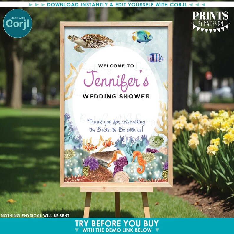 May include: A wooden framed sign for a wedding shower, featuring an underwater theme with illustrations of sea creatures and coral. The sign reads "Welcome to Jennifer's Wedding Shower" and includes the text "Thank you for celebrating the Bride-to-Be with us!"