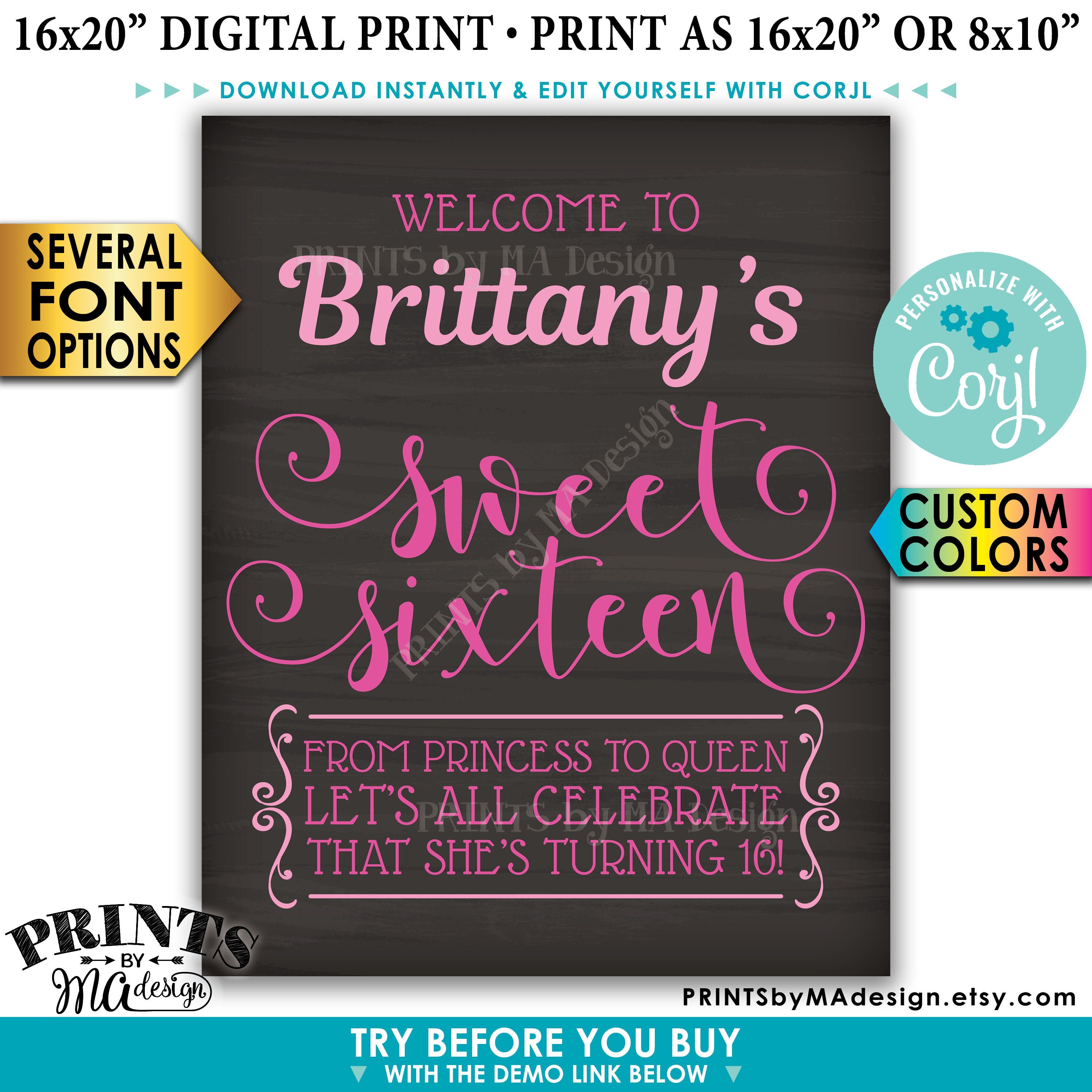 Sweet Sixteen Welcome Sign, From Princess to Queen Celebrate Sweet 16 ...