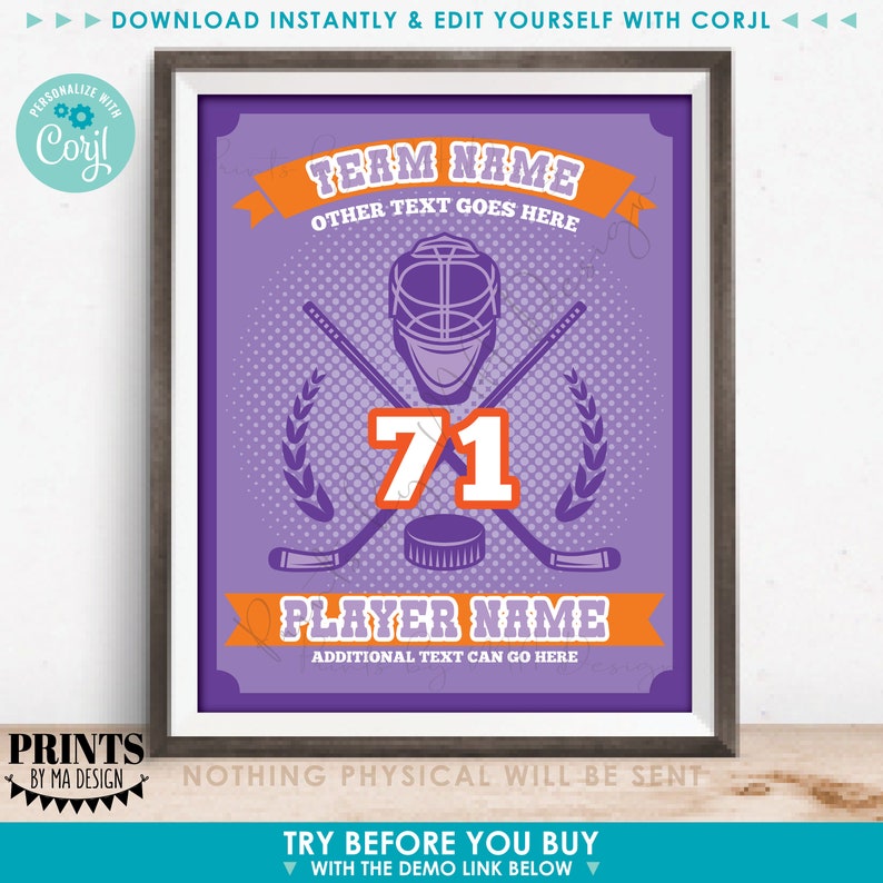 Custom Hockey Player Sign, Editable Tournament Hotel Door Sign, One PRINTABLE 8x10/16x20” Sign <Edit Yourself w/Corjl> image 2