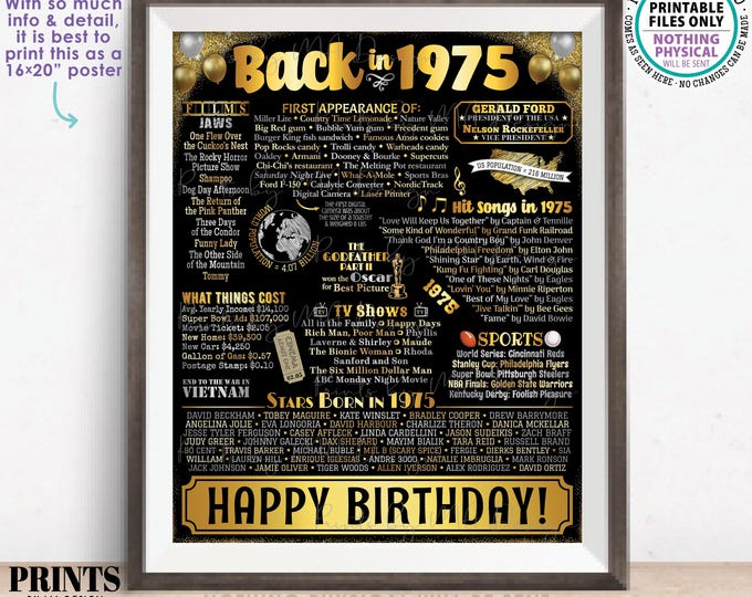 Back in 1975 Birthday Poster Board, Flashback to 1975 Golden Birthday Decoration, ‘75 B-day Gift, PRINTABLE 16x20” Sign, Gold Birthday <ID>