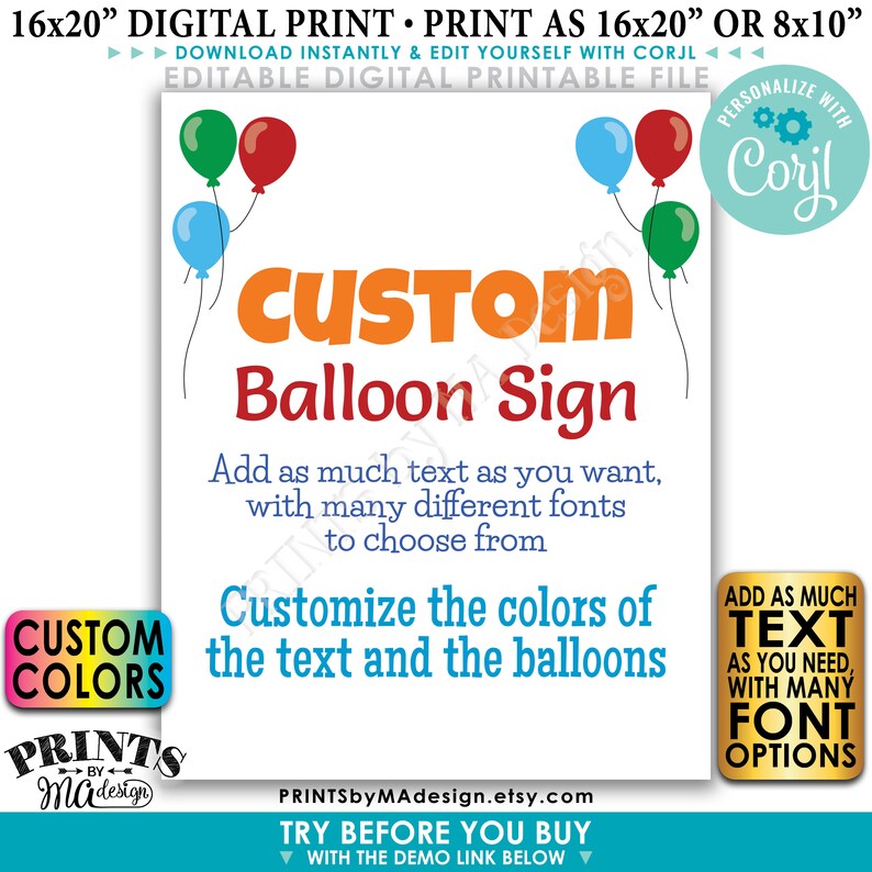 Editable Balloons Sign, One Custom PRINTABLE 8x10/16x20” Portrait ...