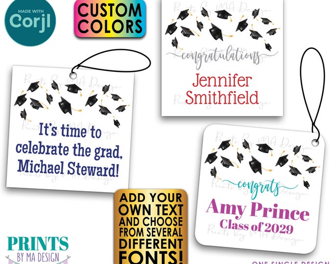 Editable Graduation Card with Grad Caps, One Custom PRINTABLE 8.5x11" Sheet of 3x3" Cards <Edit ONE Yourself w/Corjl>