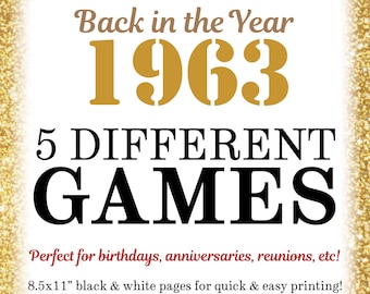 1963 Party Games, Back in the Year 1963 Trivia, Flashback to '63 Games Bundle, Birthday or Anniversary, Five PRINTABLE 8.5x11" Games <ID>