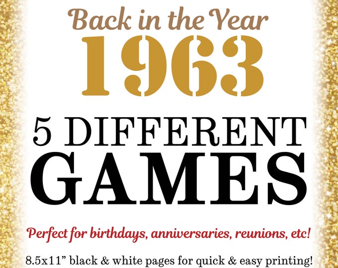 1963 Party Games, Back in the Year 1963 Trivia, Flashback to '63 Games Bundle, Birthday or Anniversary, Five PRINTABLE 8.5x11" Games <ID>