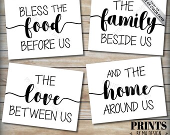 Bless Us Kitchen Dinning Room Prayer, Bless the Food Family Love Home Around Us, 4 PRINTABLE Black & White Kitchen Wall Decor Signs <ID>