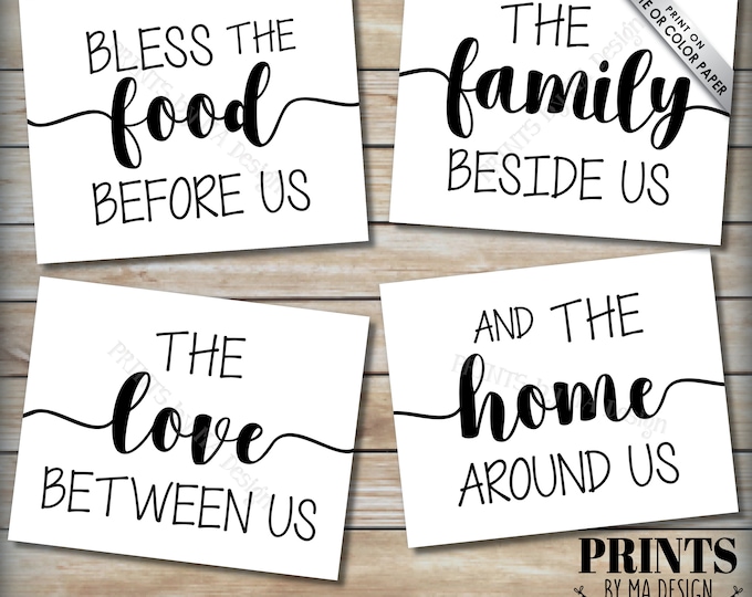 Bless Us Kitchen Dinning Room Prayer, Bless the Food Family Love Home Around Us, 4 PRINTABLE Black & White Kitchen Wall Decor Signs <ID>