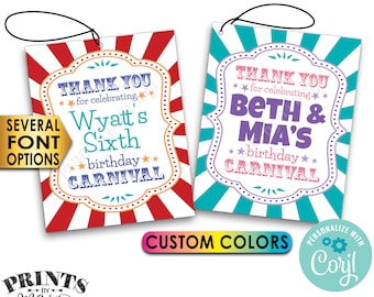 Editable Carnival Birthday Tags, Bday Party Favors, Goodie Bags, Custom PRINTABLE 8.5x11" Sheet of 4x5" Cards <Edit Yourself with Corjl>