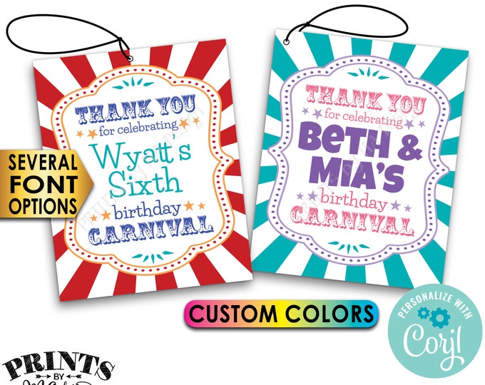 Editable Carnival Birthday Tags, Bday Party Favors, Goodie Bags, Custom PRINTABLE 8.5x11" Sheet of 4x5" Cards <Edit Yourself with Corjl>
