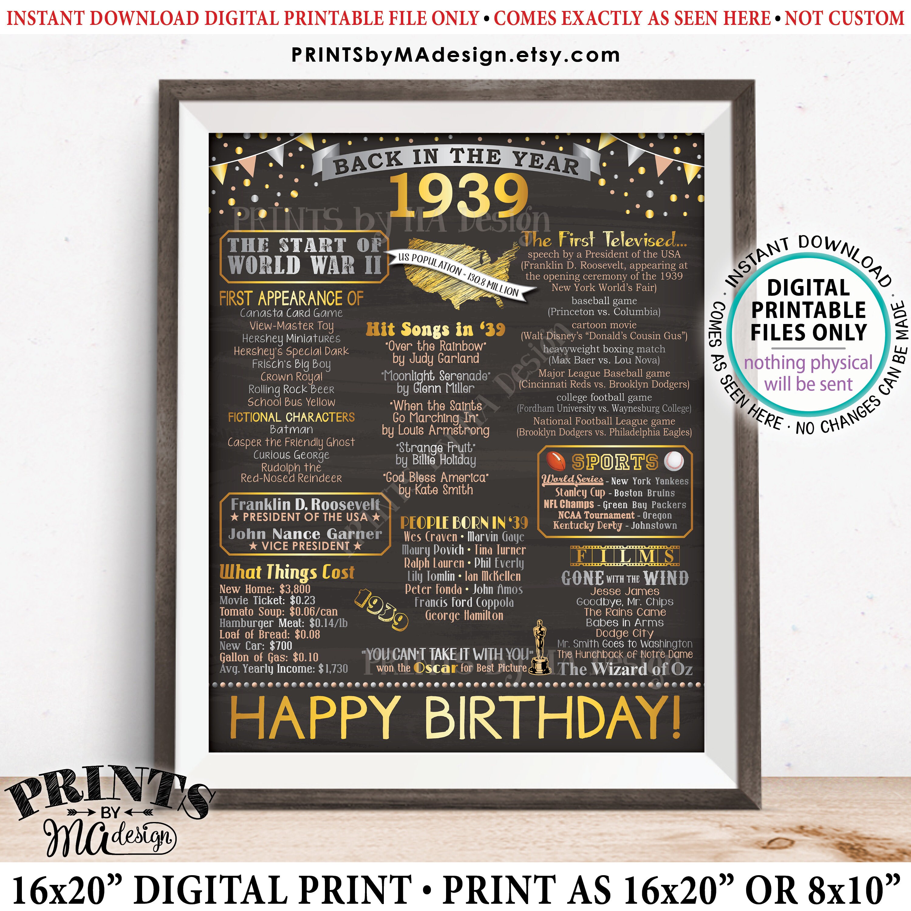 1939 Birthday Poster Board Back In 1939 Birthday Decoration Flashback To 1939 B Day Gift Printable 16x20 Sign