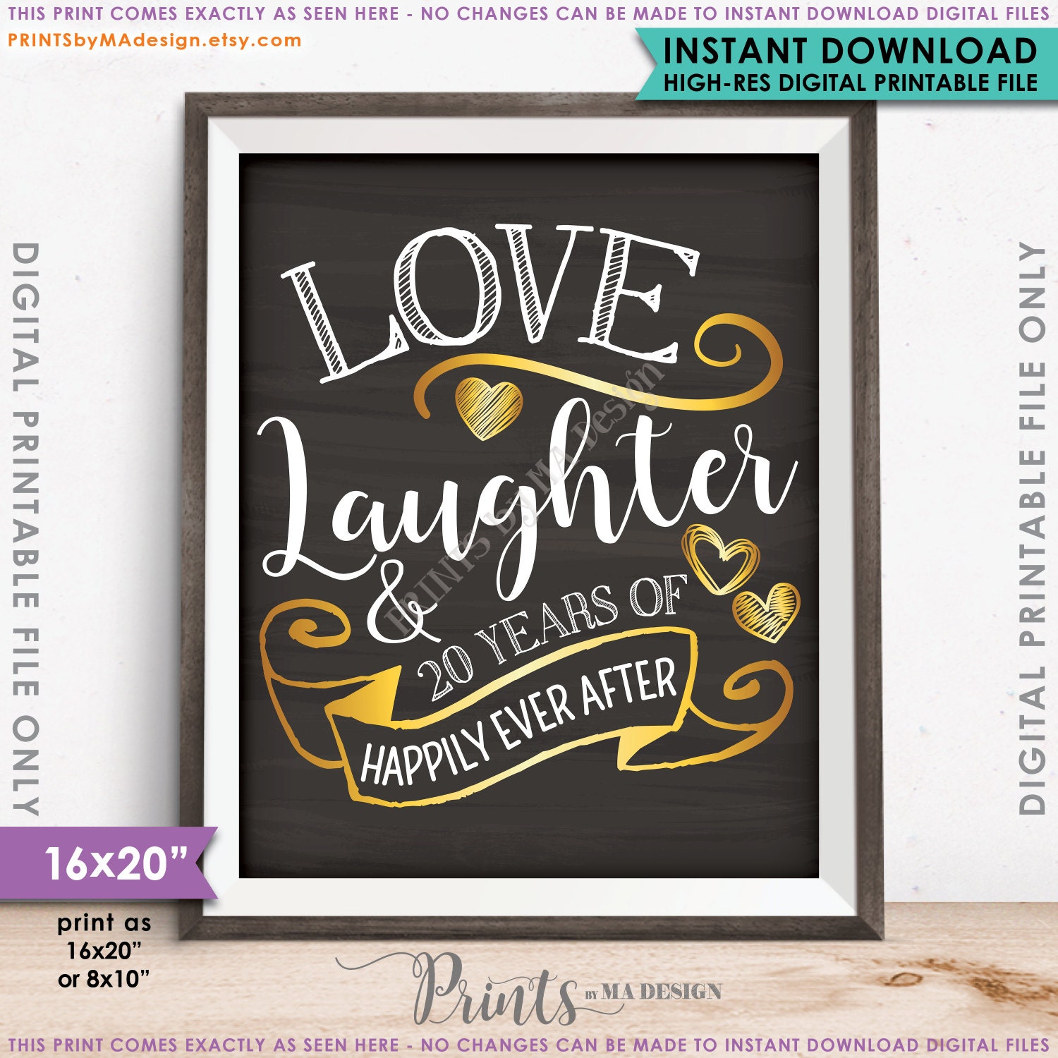 20th Anniversary Gift, Love Laughter Happily Ever After 20 Years of Marriage Milestones, 16x20