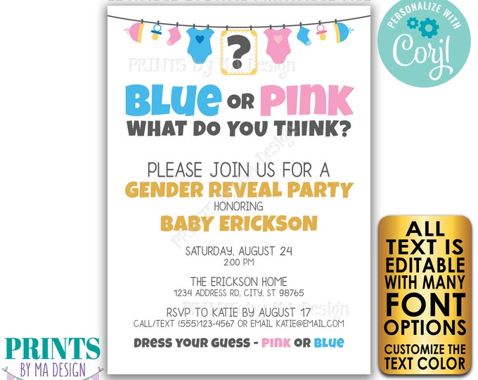 Gender Reveal Party Invitation, Blue or Pink What Do You Think? Custom PRINTABLE 5x7" Gender Reveal Invite <Edit Yourself w/Corjl>