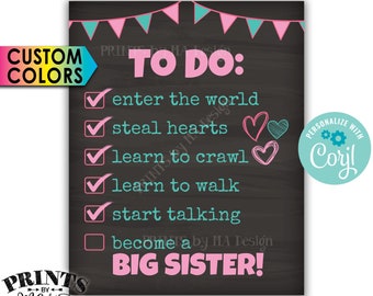 Big Sister To Do List Pregnancy Announcement, Baby #2 Checklist, PRINTABLE 8x10/16x20” Chalkboard Style Sign <Edit Yourself with Corjl>