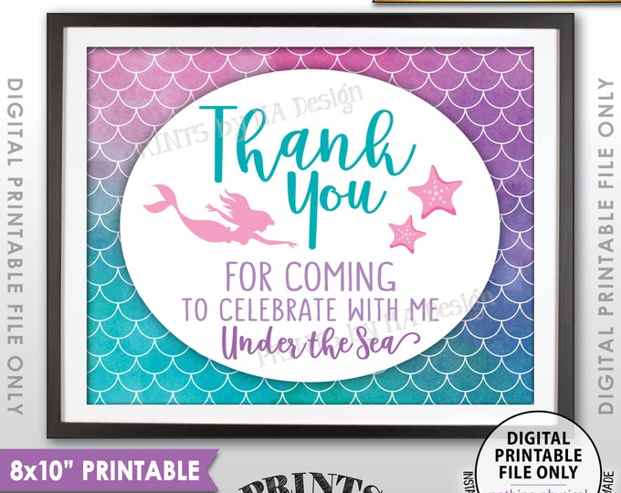 Mermaid Party, Mermaid Birthday Thank You for coming to Celebrate with Me Under the Sea, 8x10” Watercolor Style Printable Instant Download