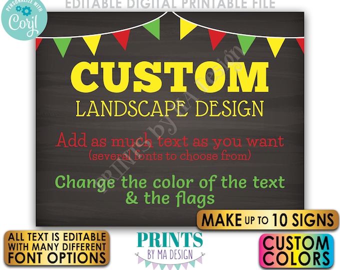 Custom Signs with Flags, Choose Your Text & Colors, Up to 10 PRINTABLE 8x10/16x20” Chalkboard Style Landscape Signs <Edit Yourself w/Corjl>