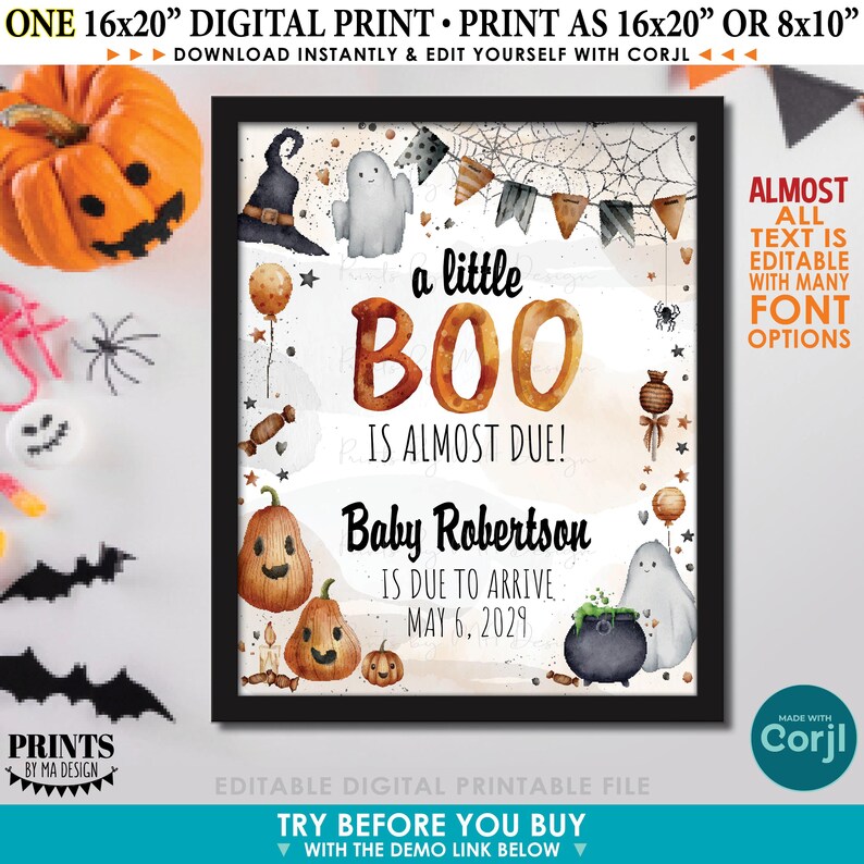 Op de afbeelding: Een ingelijste digitale print met een Halloween-thema. De print bevat de woorden "a little BOO is almost due!" en "Baby Robertson is due to arrive May 6, 2029." Het ontwerp bevat pompoenen, geesten en een heksenhoed.