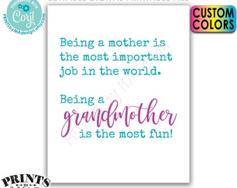 Being a Mother is the Most Important Job in the World, Being a Grandmother is the Most Fun, PRINTABLE Sign <Edit Colors Yourself w/Corjl>