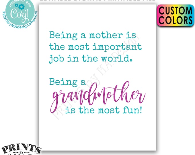 Being a Mother is the Most Important Job in the World, Being a Grandmother is the Most Fun, PRINTABLE Sign <Edit Colors Yourself w/Corjl>